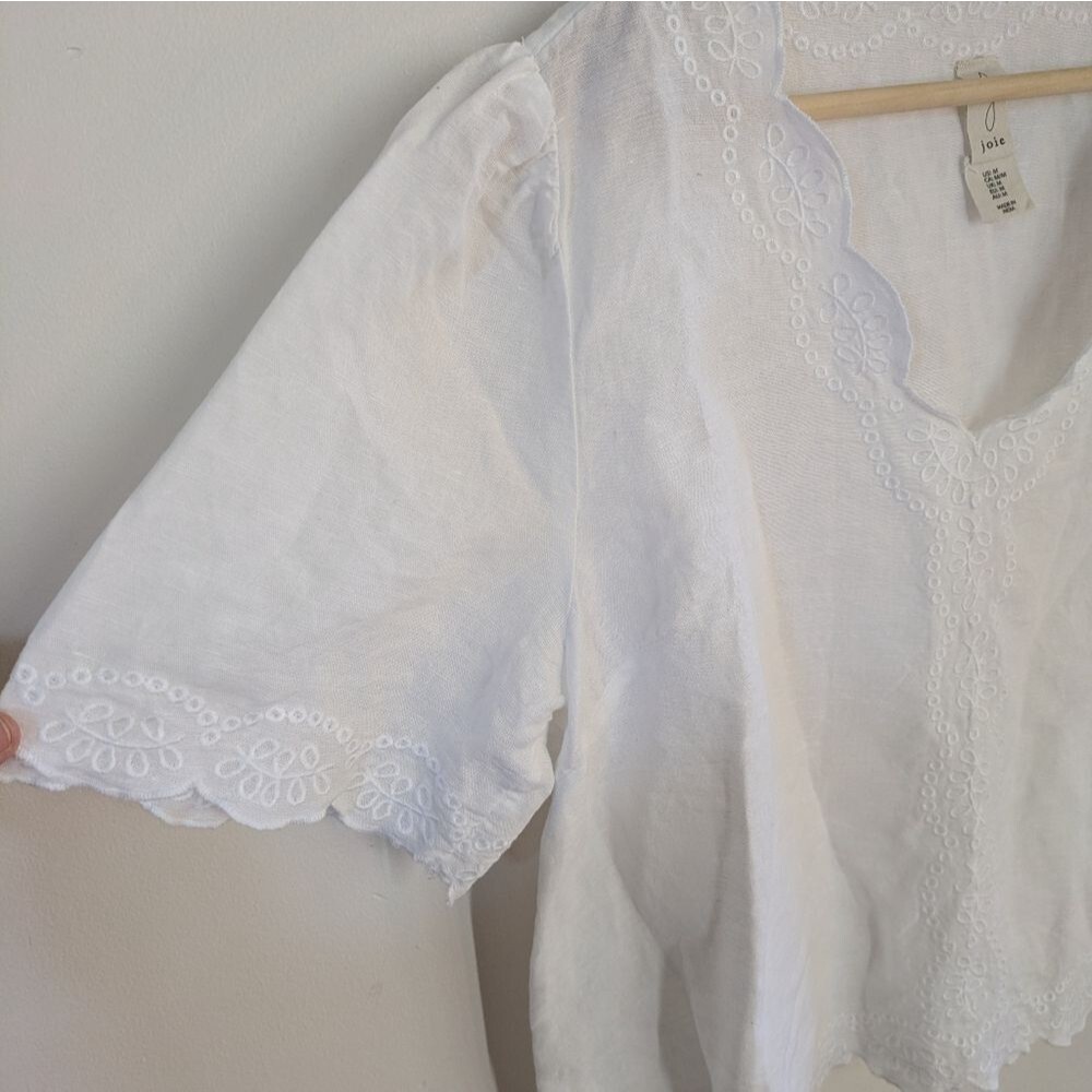 Joie Linen Cotton White Ruffled Peasant Linen Blend Crop Short Sleeve Blouse M - Picture 3 of 6